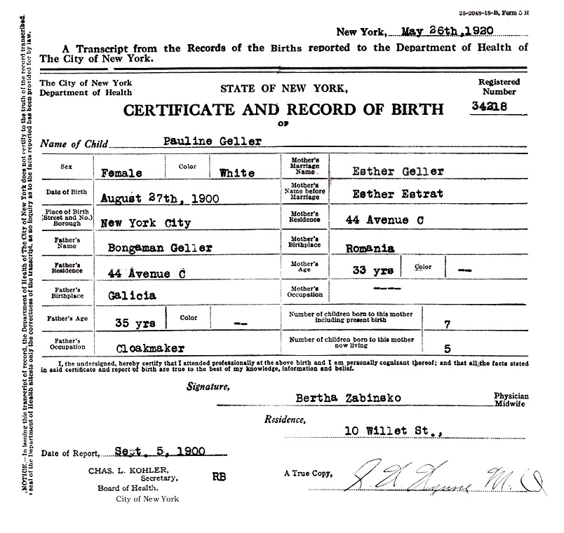 Esther's Mother's birth certificate